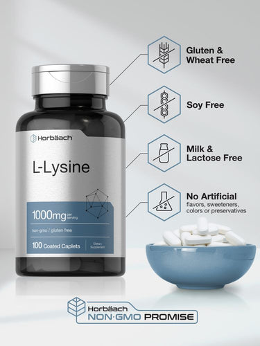 View 5 Bottle of L-Lysine supplements with a bowl of capsules on a light gray background