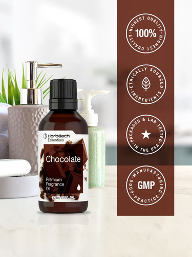 Bottle of chocolate fragrance oil with certification logos on a brown background
