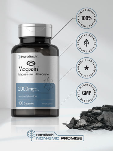 View 5 Bottle of magnesium threonate capsules with certification logos and magnesium source depiction.