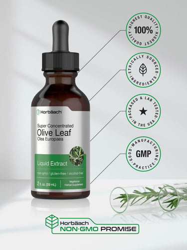 Bottle of olive leaf liquid extract with certification logos on a white background.