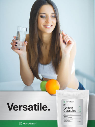 View 5 Woman holding a glass of water with fruits and a package of Gelatin Capsules on a white background
