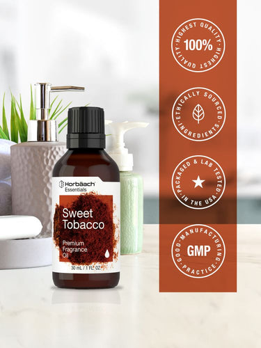 View 5 Bottle of Harbord Sweet Tobacco perfume with certification logos on a blurred background