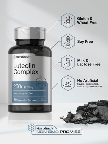 Bottle of Luteolin Complex supplement with product features on a white background.