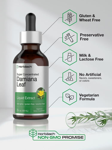 View 5 Bottle of Damiana Leaf Liquid Extract with certification icons on a light gray background