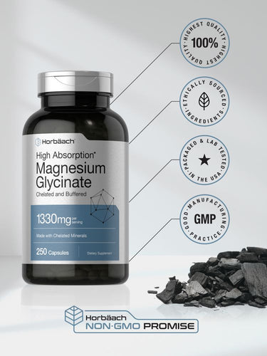 View 5 Bottle of High Absorption Magnesium Glycinate with branding and certification logos on a light gray background