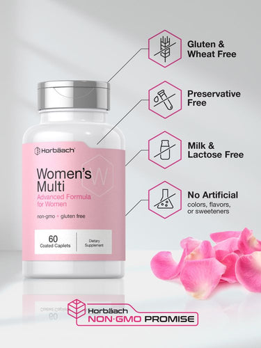 Bottle of Women's Multi supplement with certification icons on a light gray background