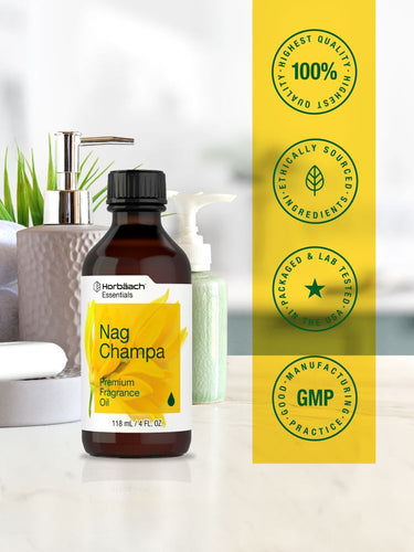 View 5 Bottle of Nag Champa fragrance oil with certification logos on a yellow background.