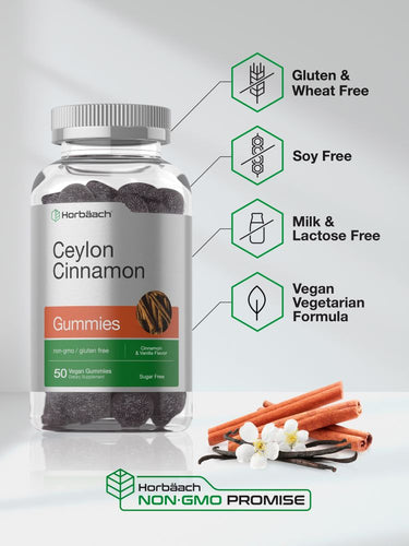Bottle of Ceylon Cinnamon gummies with flavor and dietary information.