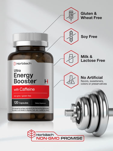 View 5 Horbaach Ultra Energy Booster supplement bottle with a dumbbell on a light gray background