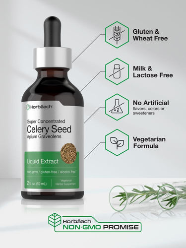 Bottle of Horbaach Super Concentrated Celery Seed Liquid Extract with product features listed on a light gray background.
