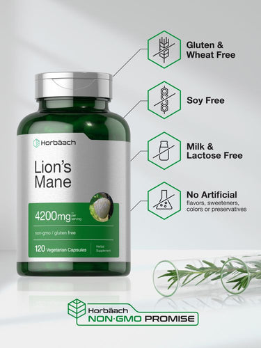 View 5 Green bottle of Lion's Mane supplement with text highlighting gluten, wheat, soy, milk, lactose, and artificial ingredient free status.