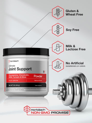 Joint support powder container with a dumbbell, highlighting gluten-free, soy-free, milk-free, lactose-free, and non-GMO attributes.