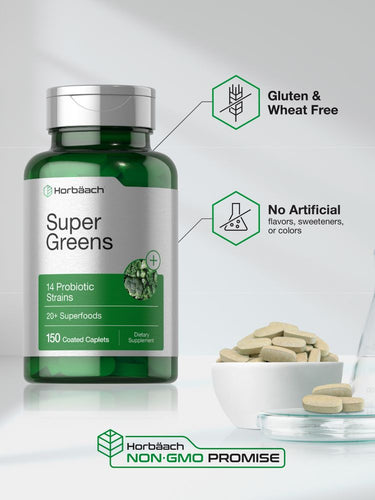 View 5 Herbäbach Super Greens supplement bottle with packaging details on a light gray background