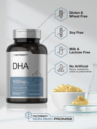 View 5 Horbach DHA supplement bottle with capsules and certification icons on a light gray background