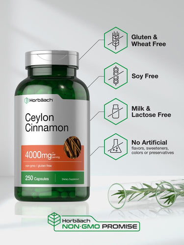 Bottle of Ceylon cinnamon capsules with label and branding on a white background.