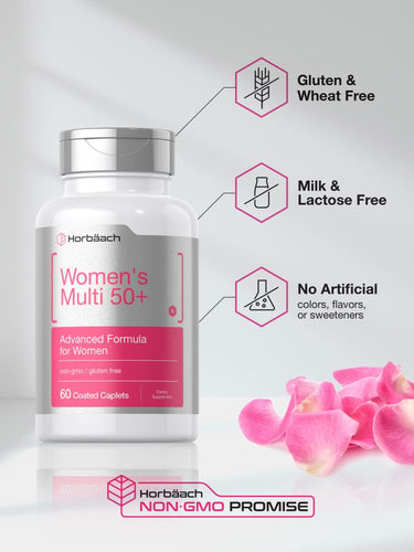 Bottle of Women's Multi 50+ supplement with pink label, featuring gluten and wheat free attributes.