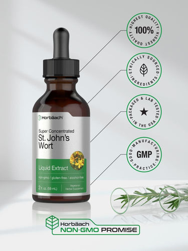 View 5 Bottle of St. John's Wort liquid extract with certification logos on a white background.