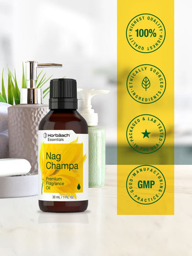 View 5 Bottle of Nag Champa fragrance oil with certification logos on a yellow background.