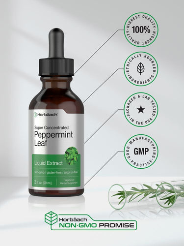 View 5 Bottle of peppermint leaf liquid extract with certification logos on a white background