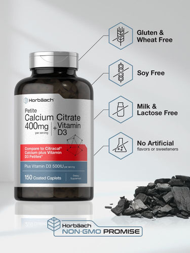 View 5 Supplement bottle labeled 'Petite Calcium Citrate 400mg + Vitamin D3' with health benefits listed on a gray background.