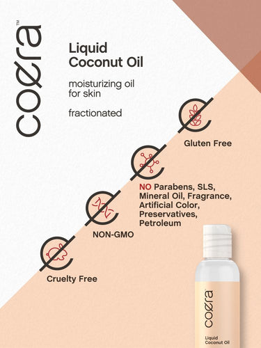 Cozera Liquid Coconut Oil packaging with product and feature icons on a beige and white background