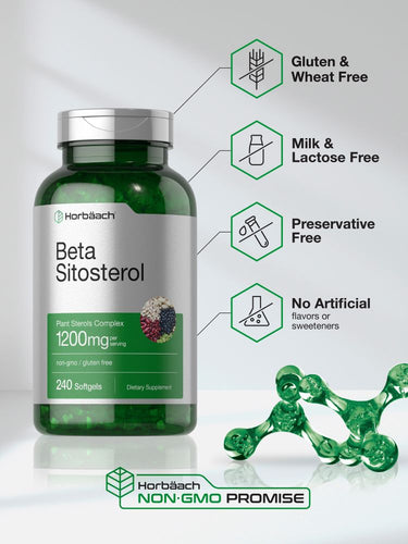 Green bottle of Beta Sitosterol supplement with label and features on a light background