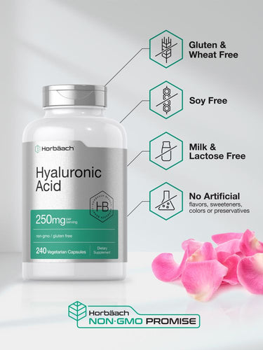 View 5 Bottle of hyaluronic acid capsules with product features and pink flowers.