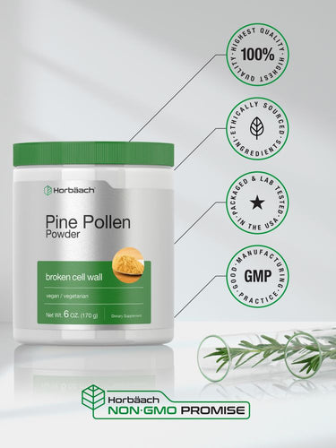 View 5 Pine Pollen Powder container with branding and certification logos on a light gray background