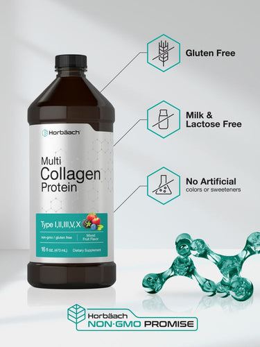 View 5 Bottle of Multi Collagen Protein with certification icons on a light gray background