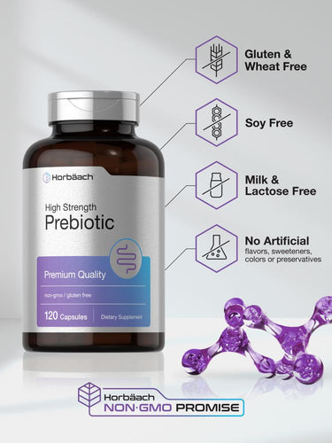 Prebiotic supplement bottle with dietary restrictions icons and molecular structure graphic.