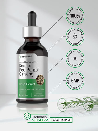 View 6 Bottle of Korean Red Panax Ginseng liquid extract with certification logos on a white background.