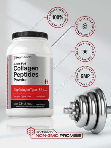 View 6 Collagen peptides powder container with gym equipment and certification icons on a light background.