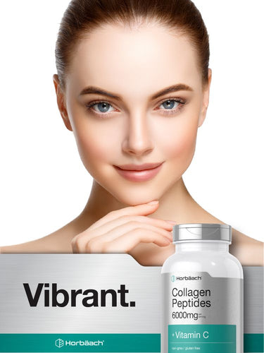 Woman holding a bottle of Horbaach Collagen Peptides with 'Vibrant' branding in the background