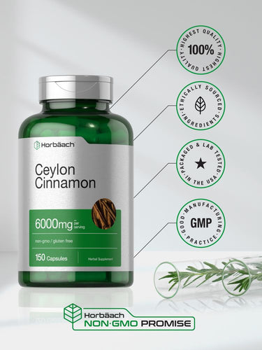 View 6 Green bottle of Ceylon cinnamon capsules with certification logos and text.
