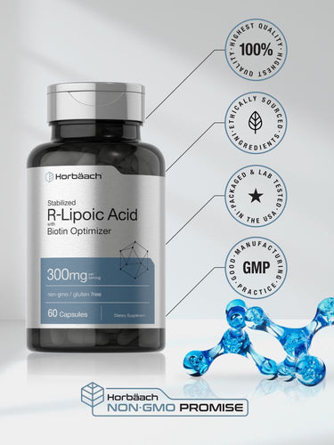 View 6 Bottle of R-Lipoic Acid supplement with branding and certification logos on a light gray background