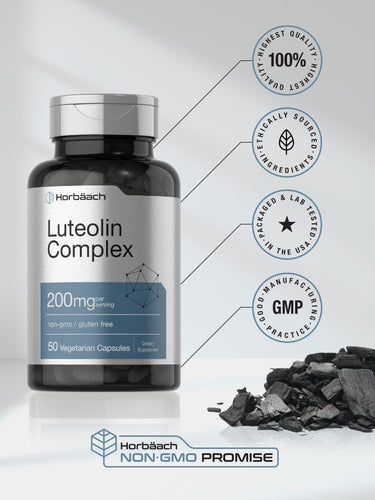View 6 Bottle of Luteolin Complex with certification logos and product details on a white background.