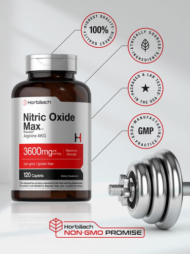 Nitric Oxide supplement bottle with gym equipment and certification logos on a light background.