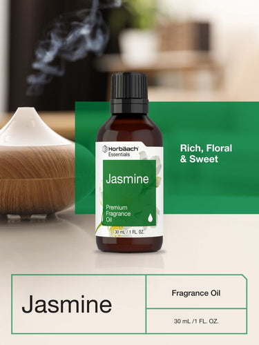 View 6 Bottle of Horibaach Jasmine fragrance oil on a blurred background with text indicating scent and volume.
