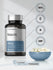 Niacin supplement bottle with bowl of capsules and certification icons on a light background