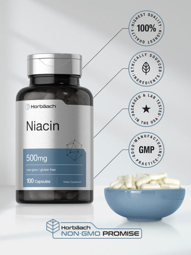 View 6 Niacin supplement bottle with bowl of capsules and certification icons on a light background