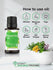 Bottle of peppermint oil with usage icons and herbs in a mortar and pestle.