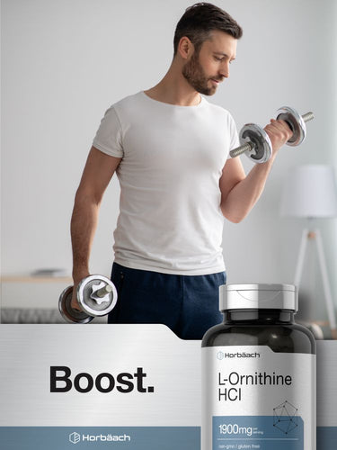 View 10 Man lifting weights with a supplement bottle labeled 'L-Ornithine HCI' on a white background