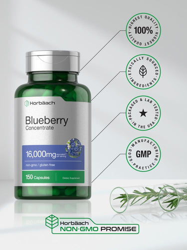 View 8 Green bottle of blueberry concentrate capsules with certification badges on a light background.