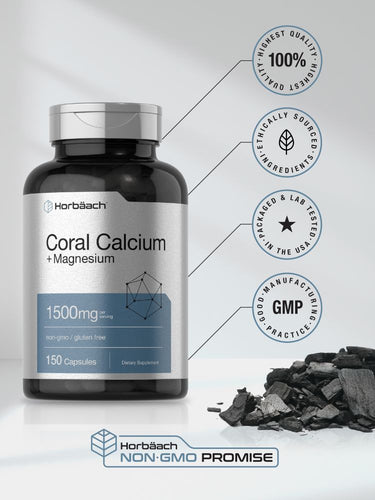 Herbäsch Coral Calcium + Magnesium supplement bottle with branding and certification logos on a light gray background.