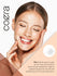 Woman applying skincare product with Coera logo and product image on a beige background