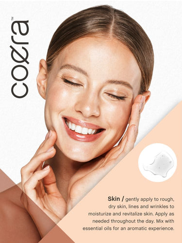 Woman applying skincare product with Coera logo and product image on a beige background