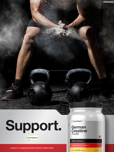 View 10 Person applying powder to hands with kettlebells, Hertlich German Creatine Powder container displayed.