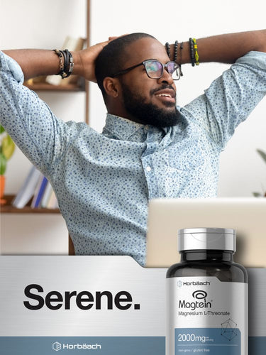 Man relaxing with a bottle of magnesium l-threonate supplement in the foreground.