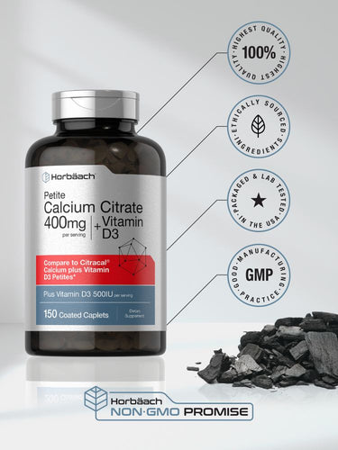 View 6 Bottle of Horbaach Petite Calcium Citrate 400mg with Vitamin D3 supplement on a white background