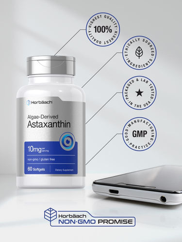 View 6 Bottle of Algae-Derived Astaxanthin with certification logos and a smartphone.